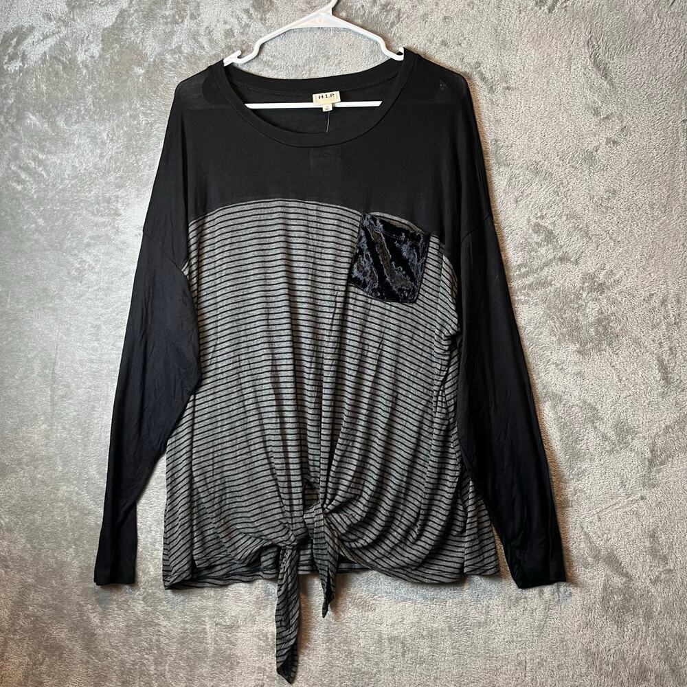 H.I.P Black Gray Striped‎ Long Sleeve Tie Front Top Velvet Pocket Size 1X New